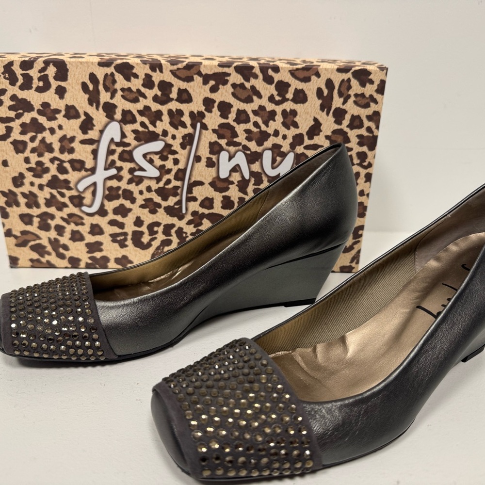Metallic Charcoal Gray Embellished Wedges NIB